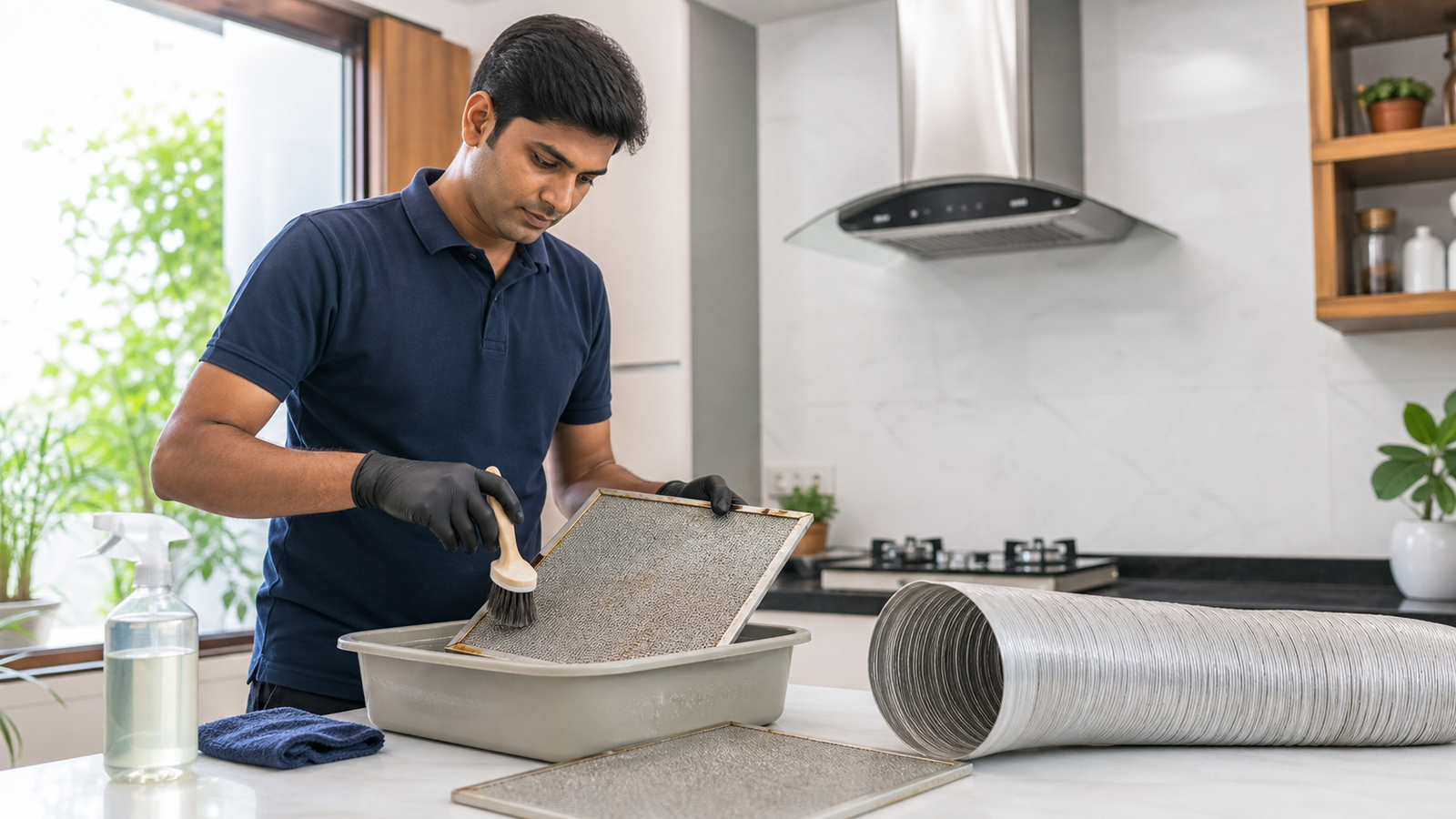 Atozora technician cleaning chimney filters and ducting