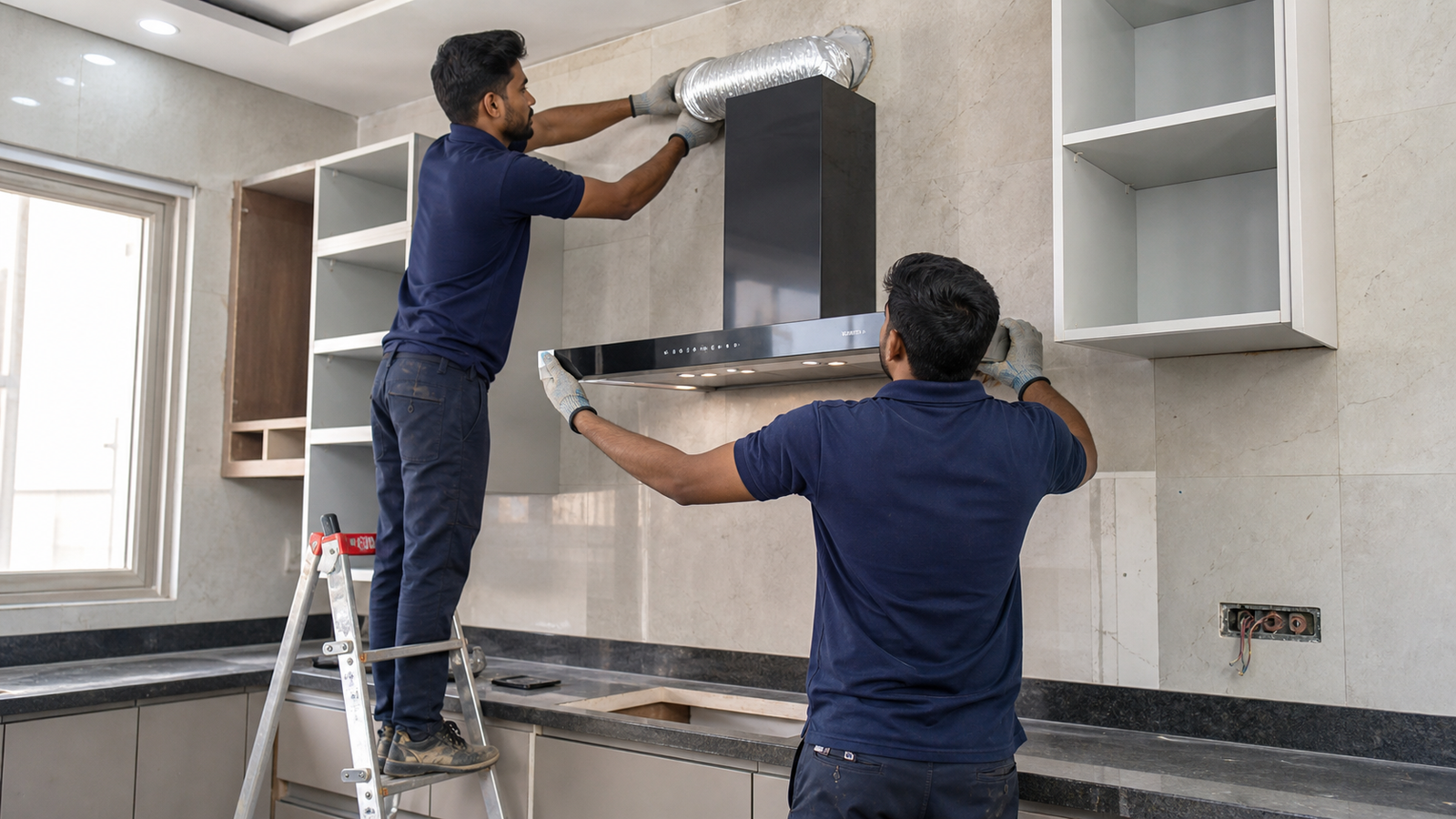 Atozora technicians installing a kitchen chimney and duct