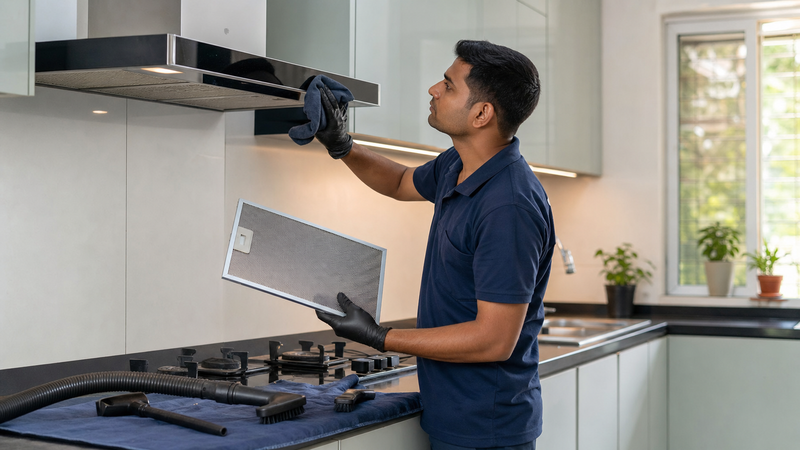 Atozora technician cleaning and maintaining a kitchen chimney