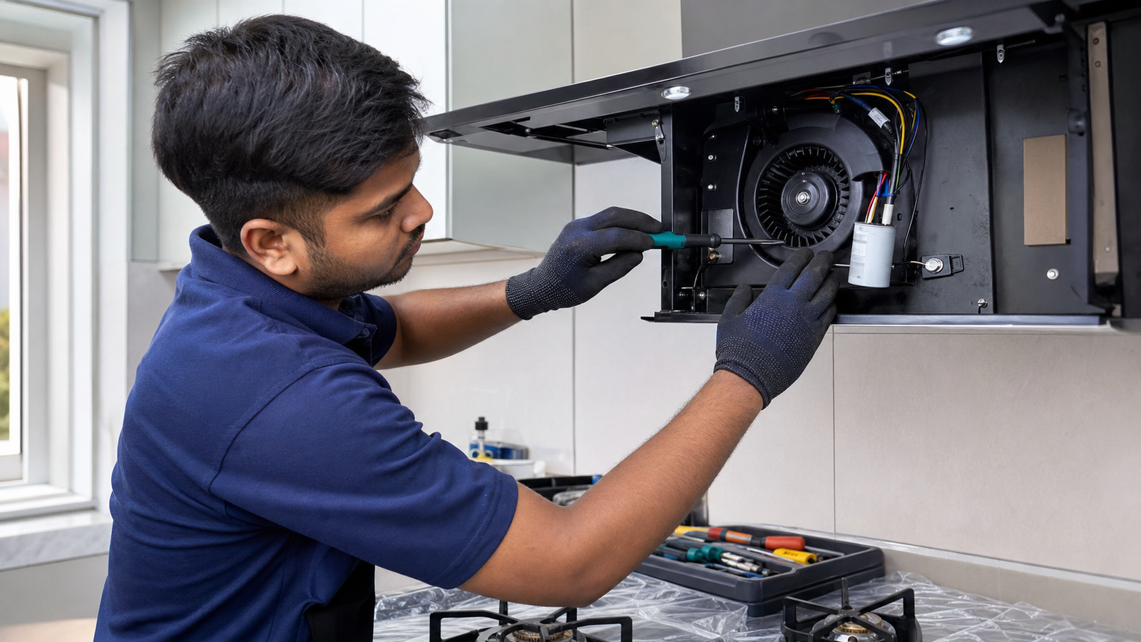 Atozora technician repairing a chimney motor and fan