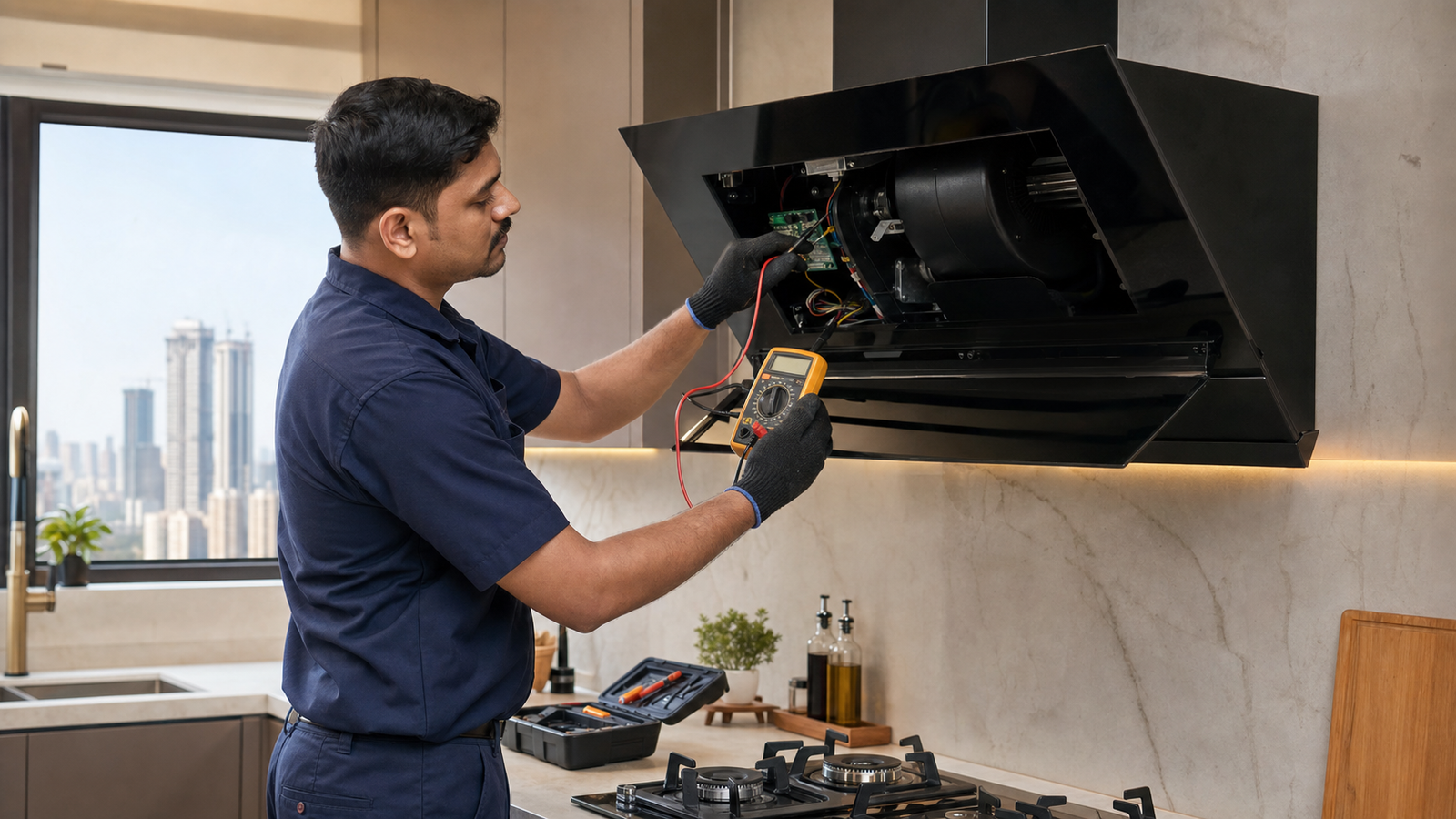 Atozora technician diagnosing a kitchen chimney